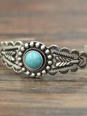 Turquoise Concho Arrow Cuff Bracelet Western Boho Silver Tone Adjustable